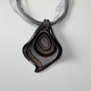 Blown Glass Teardrop Pendant Necklace Handcrafted Black Gold Silver Swirl